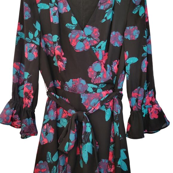 Tahari Arthur S Levine ASL Black Multicolor Floral Print Pleated AOP Dress Sz 6 - Picture 4 of 9